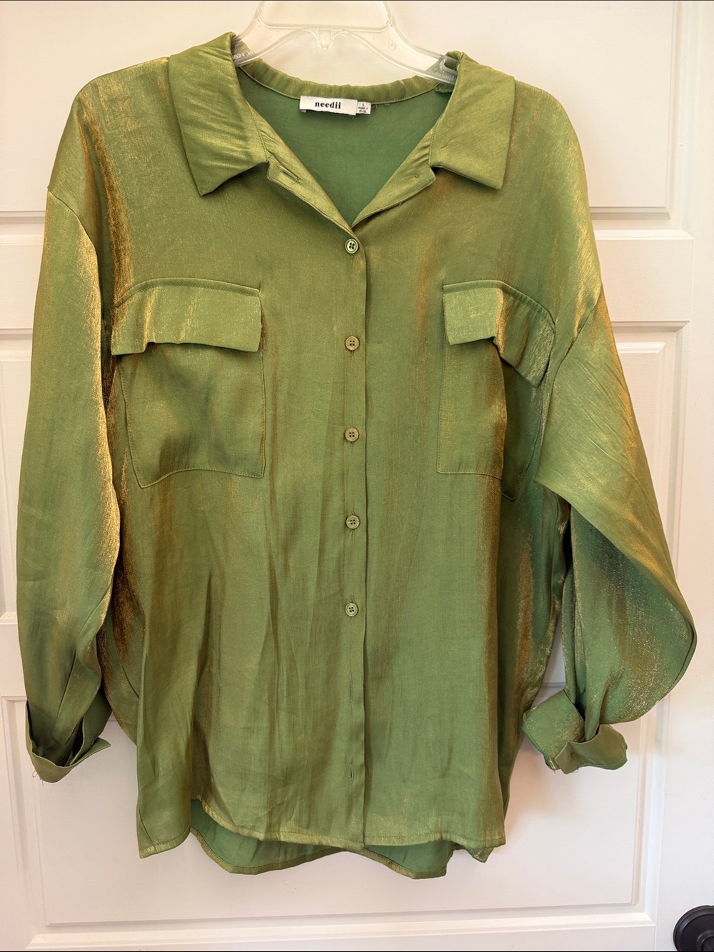 Needli Green Shimmer Button-Front Satin Utility Shirt